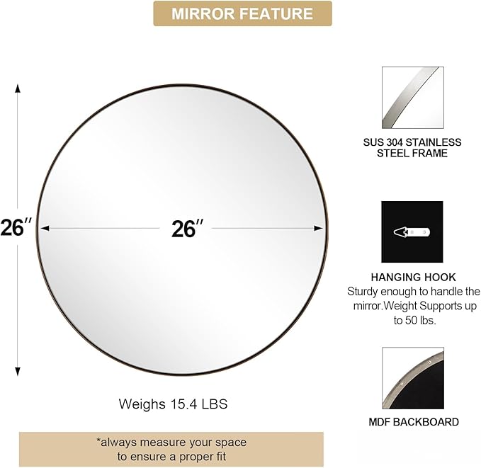 ANDY STAR Nickel Round Mirror, 26" Brushed Nickel Round Mirror, Sliver Circle Bathroom Mirrors in Stainless Steel Metal Frame 1" Deep