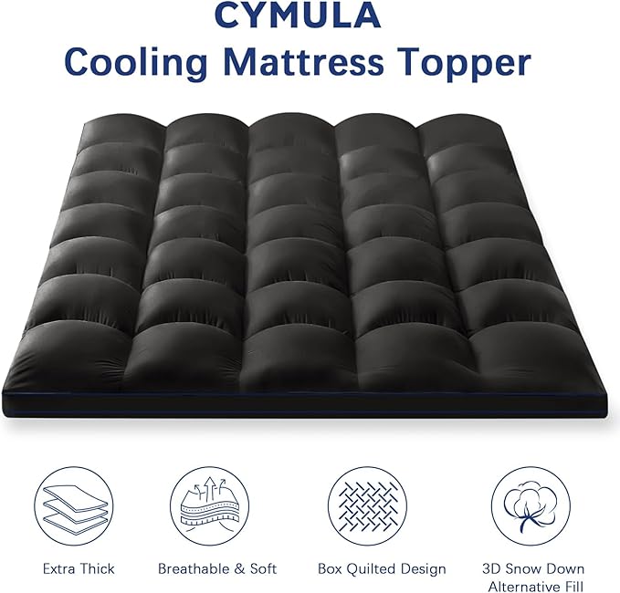 Mattress Topper Twin XL College Dorm, Bed Topper Twin XL Cooling Mattress Pad Cover for College, Black Pillow Top Mattress Topper with Deep Pockets, Breathable Fluffy Fill Mattress Protector