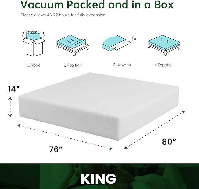 BestMassage | 14 Inch King Mattress | Gel Memory Foam | Medium Firm Feel | White | Bed in a Box, CertiPUR-US Certified | Pressure Relief, Cooling Ventilated Foam | Breathable Knit Cover