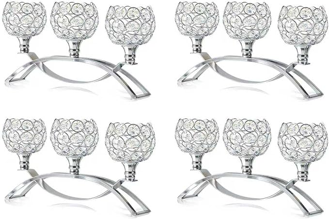 Crystal Tealight Candle Holder Centerpiece Home Decorative Candlestick Holder Elegant Table Centerpiece Home Decor Wedding Party Anniversary (Silver, 3 Arm of 4 Pcs)