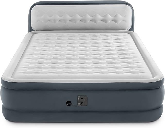 Intex 64447ED Dura-Beam Deluxe Ultra Plush Air Mattress with Headboard: Fiber-Tech – Queen Size – Built-in Electric Pump – 18in Bed Height – 600lb Weight Capacity