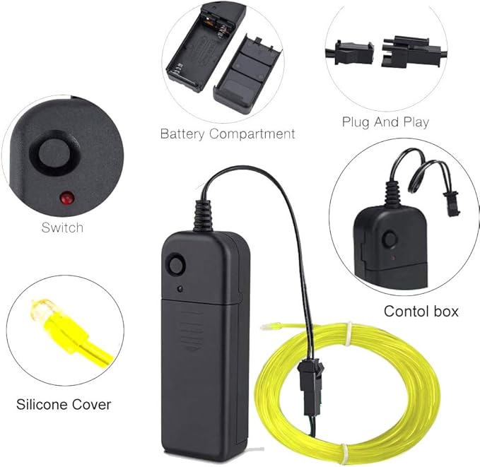 MaxLax EL Wire Lime Green, 9.8ft/3m Portable Battery Pack Neon Light Strip 360° Cuttable Glowing Rope Lights for Parties, Halloween, DIY Decoration