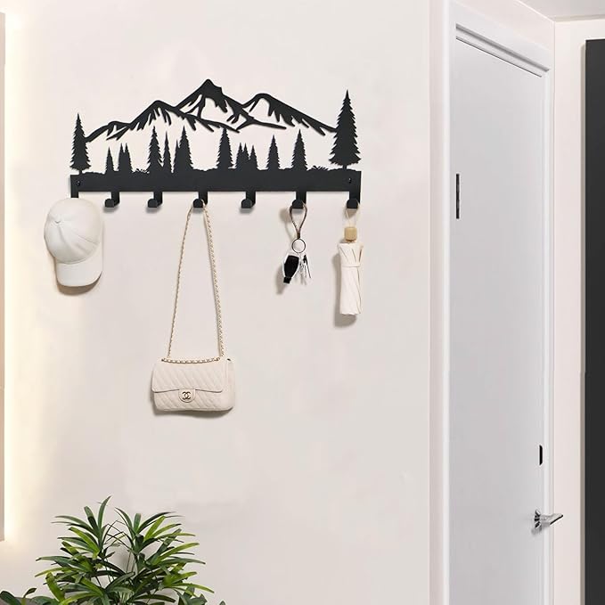 Key Holder for Wall, Metal Wall Hooks Organizer Rack with 7 Hooks for Keys, Coats, Bags – Decorative Home Decor for Entryway, Hallway, Kitchen, Living Room (12 Inches, Mountain)