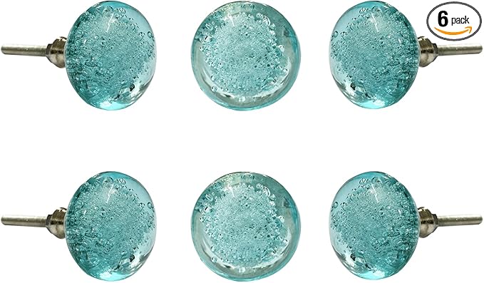 Perilla Home Set of 6 Crystal Bubble Knobs - Modern Light Blue Decorative Bubble Glass Pulls - for Home Decor Drawers, Knobs, Kitchen, Cabinet, Hardware, Cupboard, Door, Dresser, Wardrobe and Drawer