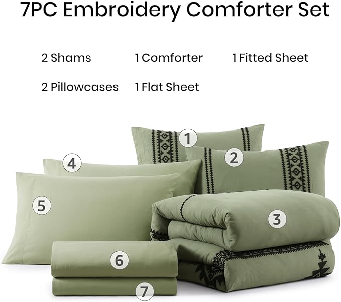 MaiRêve Embroidery Queen Size Comforter Sets, Light Olive Green Western Bedding Set Boho 7 Pieces, All Season Farmhouse Bed in A Bag Comforter Set with Sheets, Pillowcases & Shams