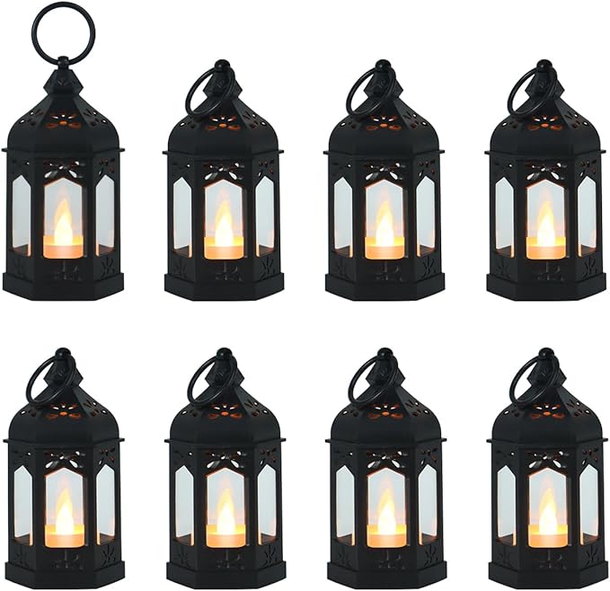 LLQ 8Pcs Mini Lanterns for Centerpiece, Ramadan Decorations, Battery Included, Decorative Candle Lanterns for Indoor, Small Vintage Lantern for Halloween Christmas Wedding Table Decor, Black