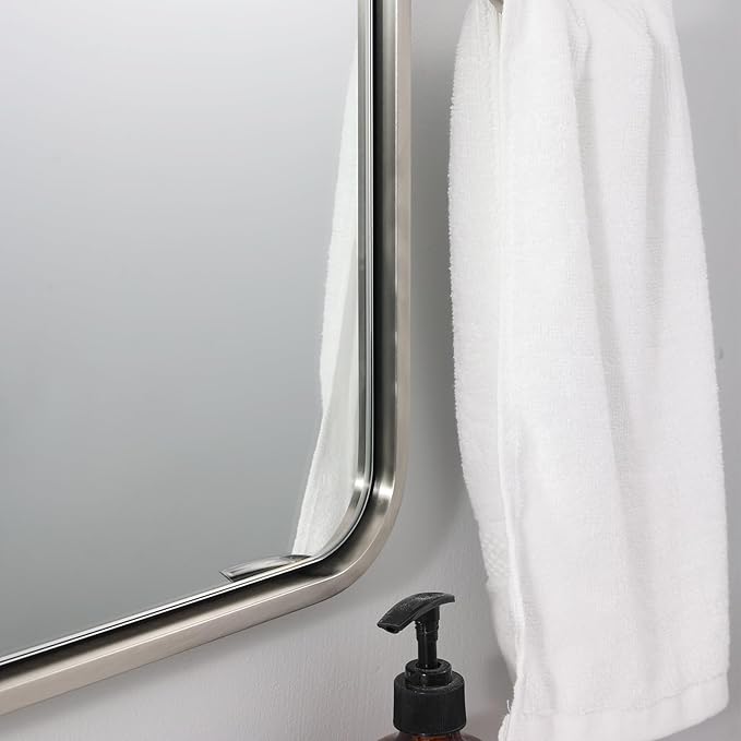ANDY STAR Brushed Nickel Bathroom Mirror, 30x36’’ Rounded Corner Rectangle Nickel Mirror Bathroom Vanity Mirror Tube Metal Framed, SUS304-Anti-Rust Wall-Mounted Horizontal/Vertical 1’’ Deep