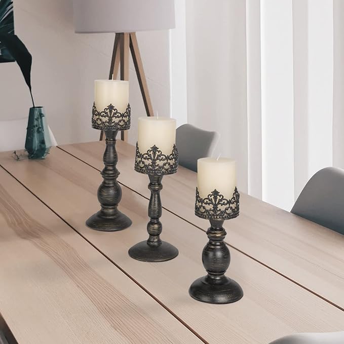 Distressed Black Candle Holders for Pillar Candles Set of 3, Vintage Crown Candle Stands for Table Centerpiece Decor, Tall Antique Metal Candle Holder Set for Fireplace Decoration, Ideal Gift
