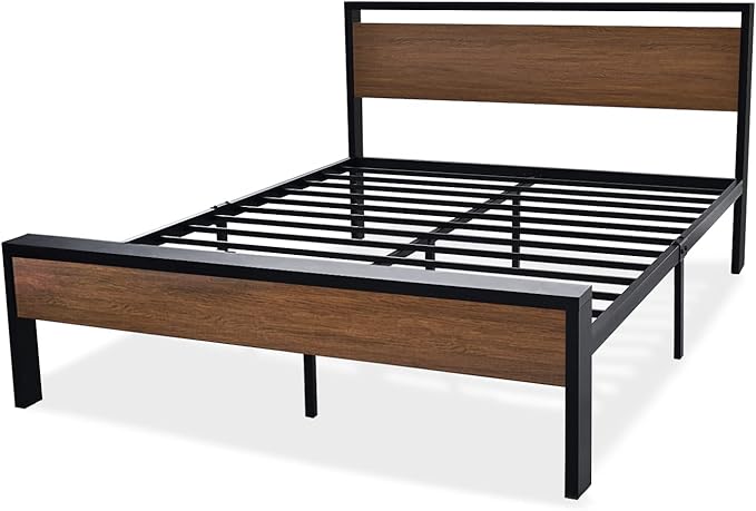 SHA CERLIN 14 Inch Full Size Metal Platform Bed Frame with Wooden Headboard and Footboard, Mattress Foundation, No Box Spring Needed, Large Under Bed Storage, Non-Slip Without Noise, Walnut