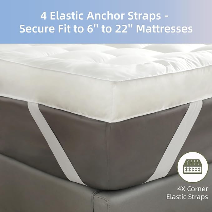 Twin XL Size Mattress Topper for College Dorm Room - Soft & Cooling Pillow Top Mattress Pad & Protector | Bed Topper for Back Pain, Straps Stretch 6" to 22" Deep