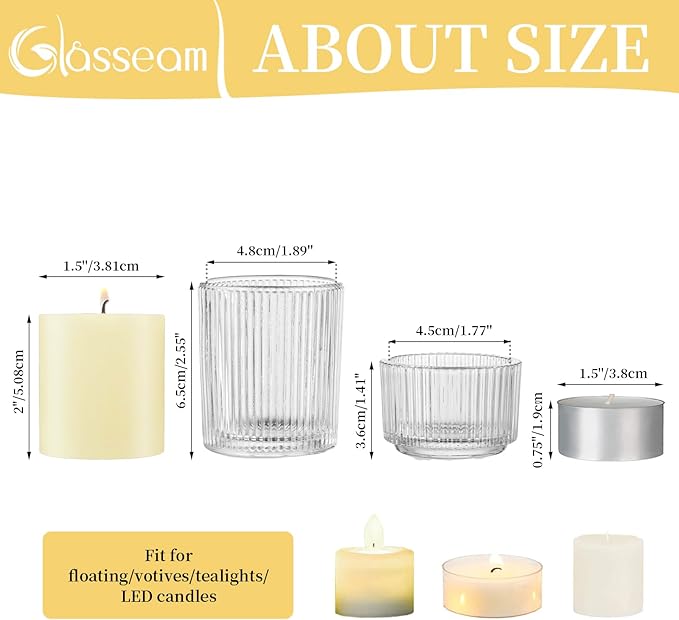 Glasseam Glass Tealight Candle Holder: Set of 8 Ribbed Clear Votive Candle Holders for Table Centerpiece, Decorative Small Vintage Tea Lights Candle Holder for Wedding Christmas Dining Room Decoration