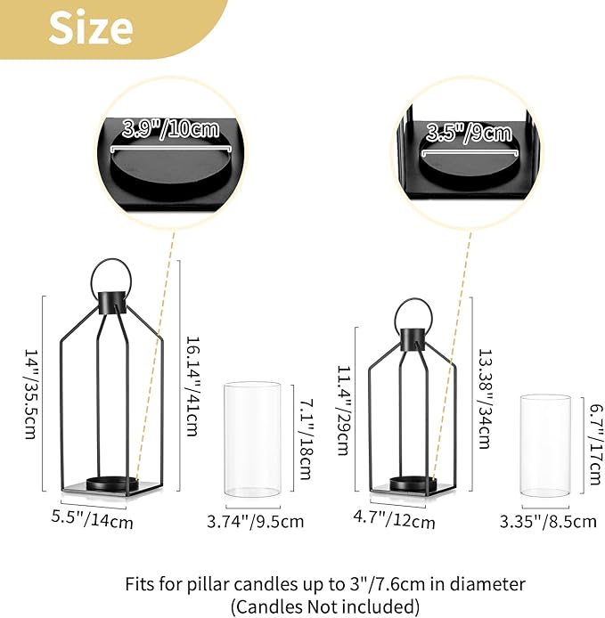 Nuptio Decorative Lantern Candle Holder: 2 Pcs Glass Hurricane Pillar Candles Holders Rustic Black Metal Hanging Lanterns Decor for Outdoor Wedding Farmhouse Home Fireplace Christmas Halloween
