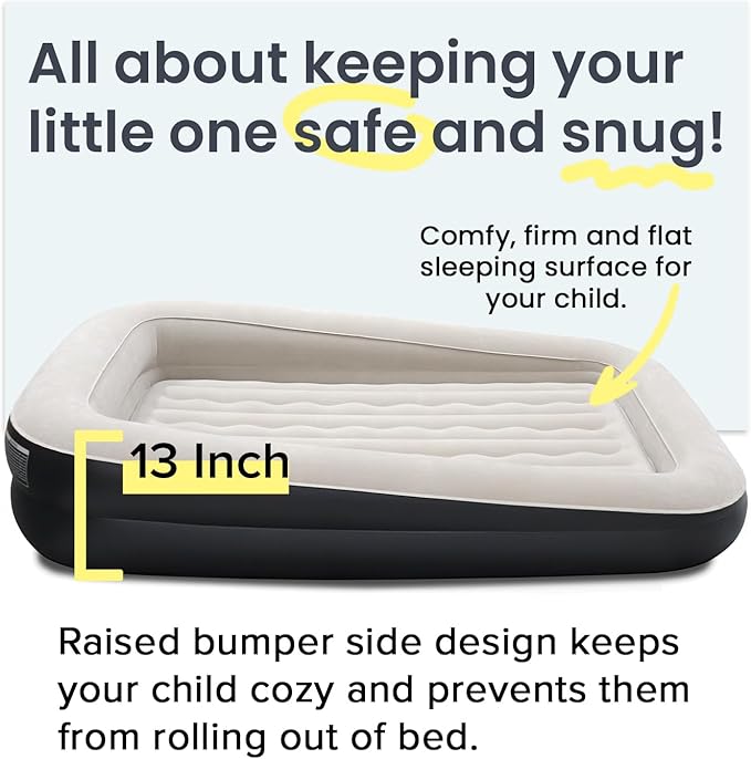 King Koil Luxury Inflatable Toddler Travel Bed with Built-in Safety Bumper, Portable Air Mattress Airbed for Kids Travel, Includes High-Speed Pump - Black