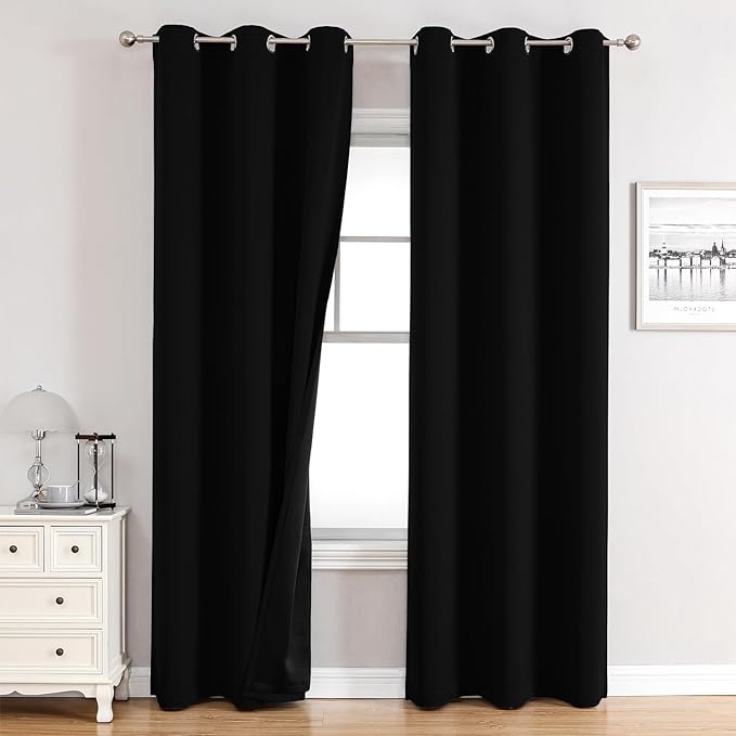 ChrisDowa 100% Blackout Curtains for Bedroom with Black Liner, 2 Thick Layers Total Blackout Thermal Insulated Grommet Window Curtains 2 Panels Set (Black, 42 x 84 Inch)