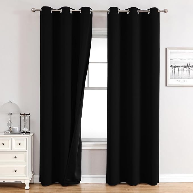 ChrisDowa 100% Blackout Curtains 78 inch Long for Bedroom with Black Liner, 2 Thick Layers Total Blackout Thermal Insulated Grommet Window Curtains 2 Panels Set (Black, 42 x 78 Inch)