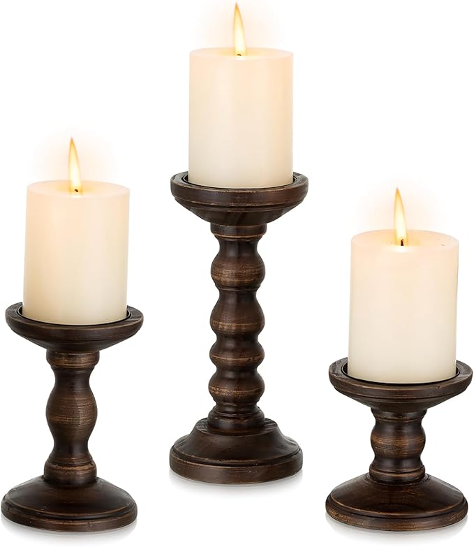 Romadedi Wood Candle Holders for Pillar - Set of 3 Tall Rustic Vintage Wooden Candlestick Holder, Farmhouse Candle Stand for Fireplace Mantle Shelf Table Retro Home Decor, Dark Brown, 3.9"/6"/ 8.3"