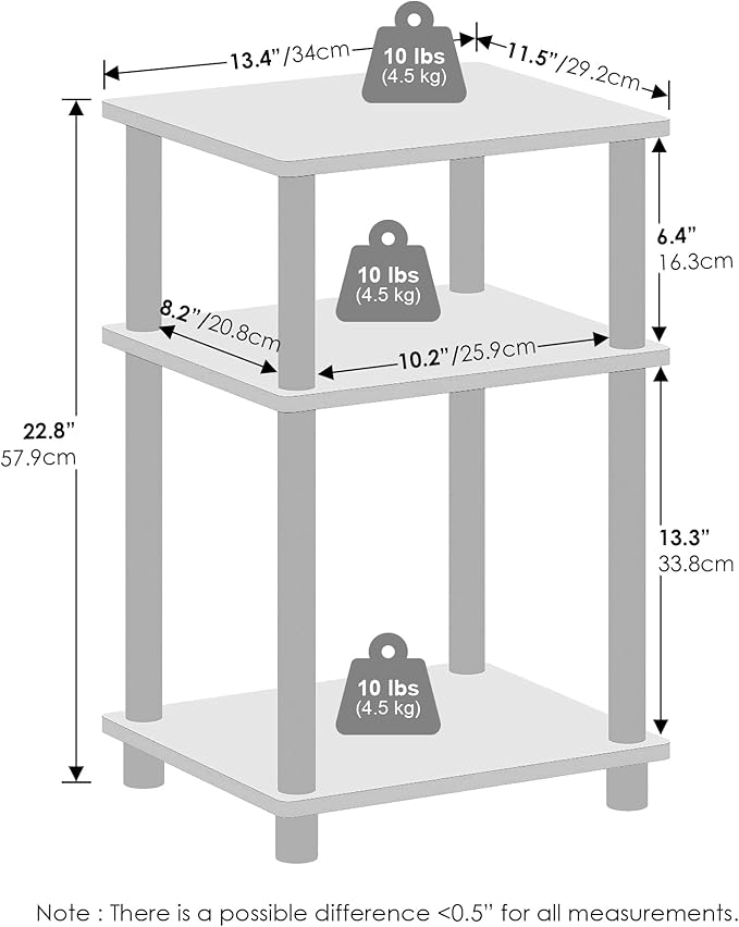 Furinno JUST Night Stand, 3-Tier Turn-N-Tube Nightstand, Toolless Bedside Table, End Table, Side Table with Open Storage for Bedroom, Living Room, Bathroom, French Oak