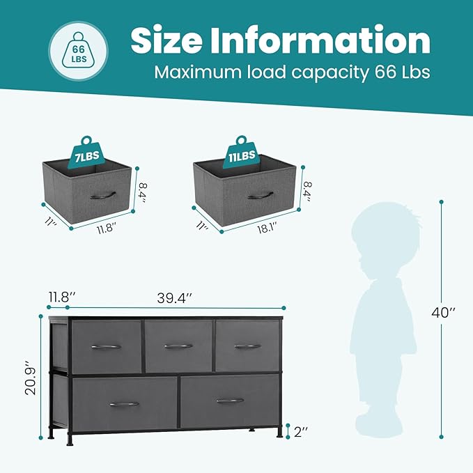 OLIXIS Dresser for Bedroom with 5 Drawers, Wide Chest of Drawers, Fabric Bedroom Dresser with Drawer Organizers, Storage Organizer Unit with Fabric Bins for Closet, Living Room, Hallway