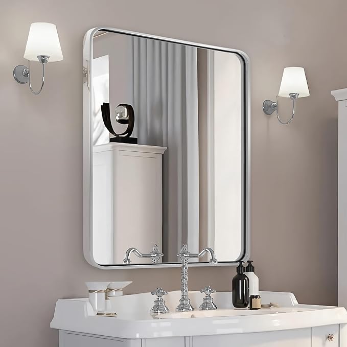 ANDY STAR Chrome Bathroom Mirror, 30x36’’ Rounded Rectangle Mirror Polished Silver Bathroom Vanity Mirror Metal Framed, SUS304-Anti-Rust, Tube Frame, Wall-Mounted Horizontal/Vertical 1’’ Deep