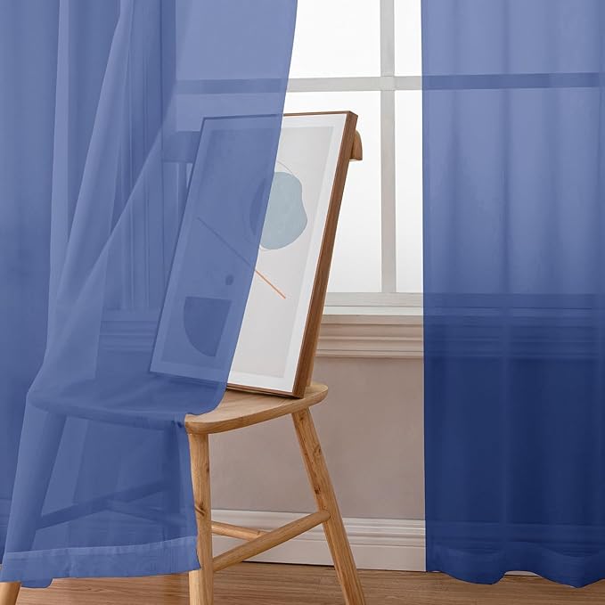Aiyufeng Royal Blue Sheer Curtains 90 Inches Long 2 Panels Set, Semi Transparent Voile Rod Pocket Blue Sheer Window Drapes for Bedroom Bed Canopy Dining Wedding Party Backdrop, 42W x 90L inch