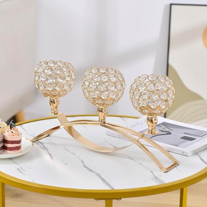 VINCIGANT 4Pcs Christmas Table Decoration Gold Bulk Decorative Tealight Candle Holder for Wedding,3-Candle Candelabras for Christmas Party Dinning Room Table Centerpiece,Gift Boxed for Thanksgiving