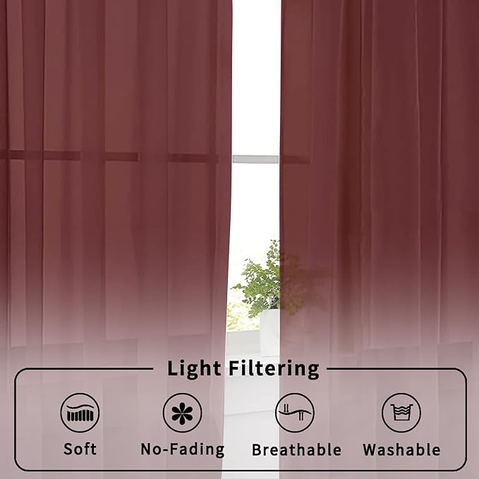 Aiyufneg Wine Kitchen Sheer Curtains 36 inches Long, Short Kitchen Window Treatment Solid Sheers Cafe Curtains Bathroom Voile Half Window Curtains 2 Panels for Laundry Room, Rod Pocket, 40" Wx36 L