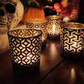 SHMILMH Halloween Votive Candle Holders Set of 12 Black Gold Glass Tealight Candle Holders with 4 Patterns Table Centerpiece for Halloween Party Table Decorations