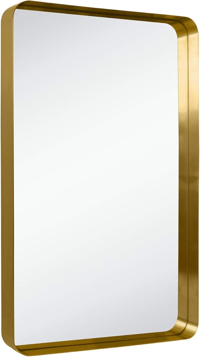 TEHOME 24x36 Brushed Gold Metal Framed Bathroom Mirror for Wall in Stainless Steel Rounded Rectangular Bathroom Vanity Mirrors Wall Mounted