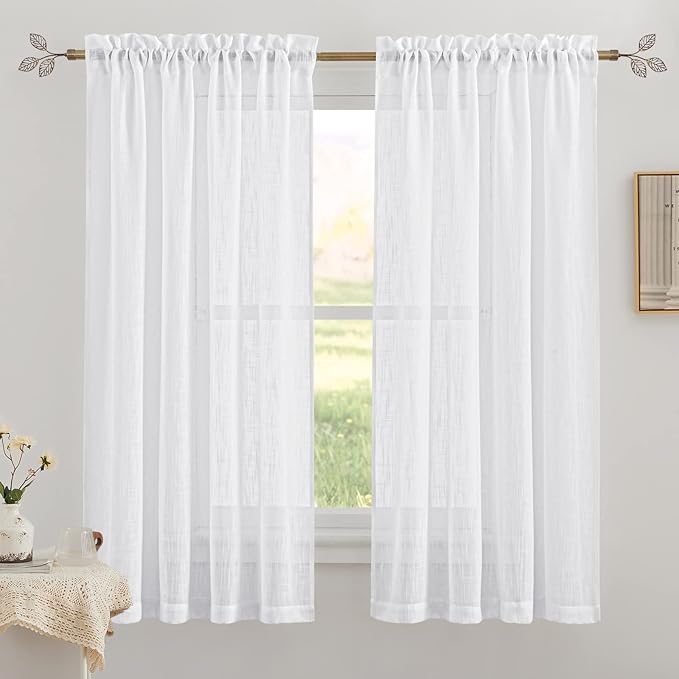 RYB HOME Solid Semi Sheer Curtains Rod Pocket Living Room/Bedroom, Linen Sheer Light Filtering Curtains 72 inches Long, White, W 52 x L 72 inch Length, 1 Pair