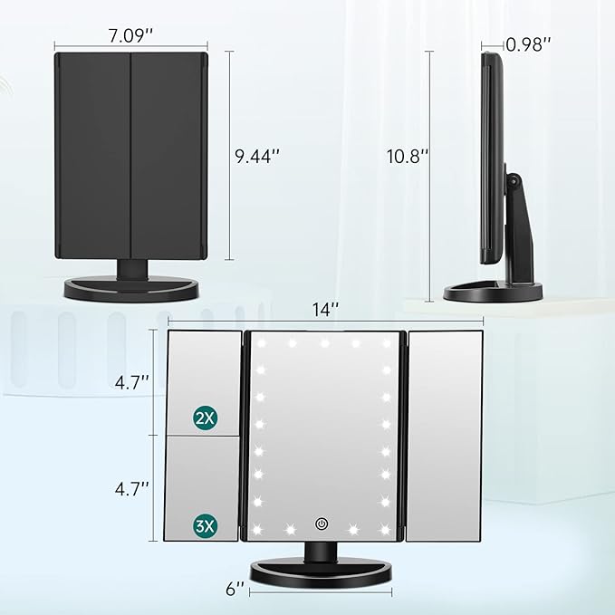 FASCINATE Lighted Makeup Mirror, 21 Bright LED Lights, 3x/2x/1x Magnifying Trifold LED Vanity Mirror, Touch Control Dimmable Brightness,180 ° Rotaion