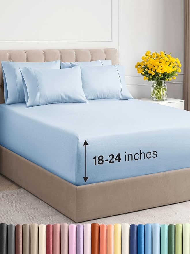 Extra Deep Full Sheet Set - 6 Piece Breathable & Cooling Sheets - Hotel Luxury Bed Sheets Set - Easy & Secure Fit - Soft, Wrinkle Free & Comfy Sheets Set - Sky Blue Sheet Set with Extra Deep Pockets