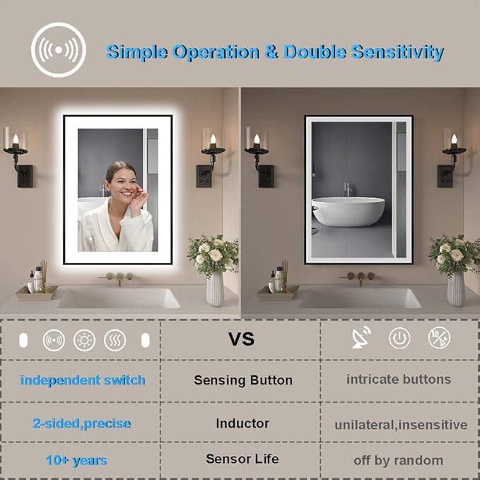 24 x 36 Inch LED Bathroom Mirror with Black Frame, Lighted Bathroom Mirrors for Vanity with Super Bright Front Light + Backlit, Anti-Fog, 3 Colors Stepless Dimmable Motion Sensor Smart Restroom Mirror