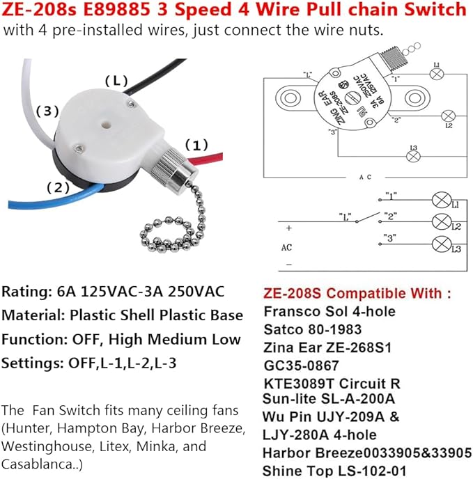 Ceiling Fan Switch Zing Ear ZE-208s E89885 3 Speed 4 Wire Pull Chain Switch Fan Light Switch Replacement Part with 4 Pre-Installed Wires(Nickel Chain)