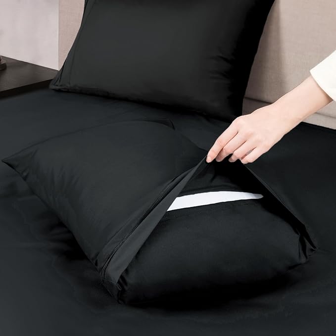 Mejoroom King Size Bed Sheet Set - Hotel Luxury 1800 Bedding Sheets & Pillowcases - 16" Deep Pocket Fitted Sheet, Soft, Breathable, Wrinkle & Fade Resistant - 4 Piece(King, Black)