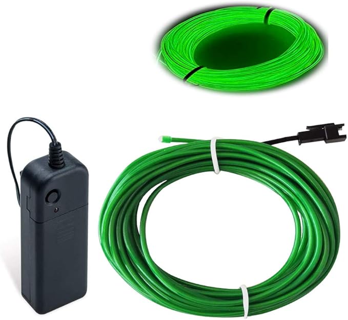 MaxLax EL Wire Green, 9.8ft/3m Portable Battery Pack Neon Light Strip 360° Cuttable Glowing Rope Lights for Parties, Halloween, DIY Decoration