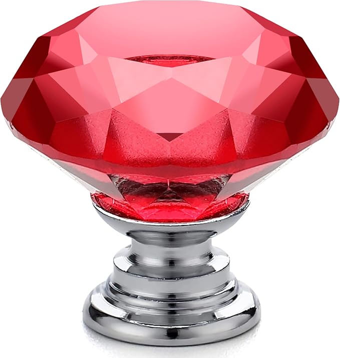 Ravinte 25 Pack Red Crystal Knobs for Dresser Drawers - 30 mm Glass Cabinet Diamond Shaped Knobs with Silver Base