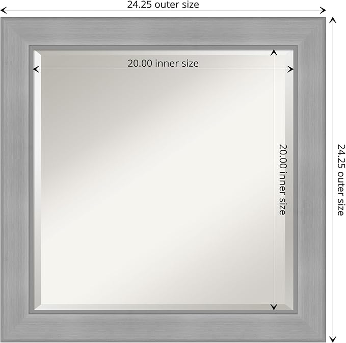 Amanti Art Silver Bathroom Mirror for Over Sink, 24x24 Vista Brushed Nickel Square Vanity Mirror, Medium Casual Frame, Hangs Horizonally and Vertically, Bathroom Wall Decor, Beveled Edge
