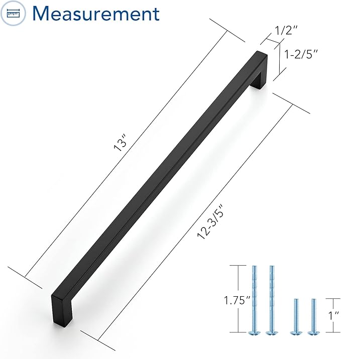 Ravinte 1 Pack Black Cabinet Pulls 12-3/5 Inch Square Cabinet Handles Matte Black Kitchen Hardware for Cabinet Drawer Pulls Come with Screwdriver