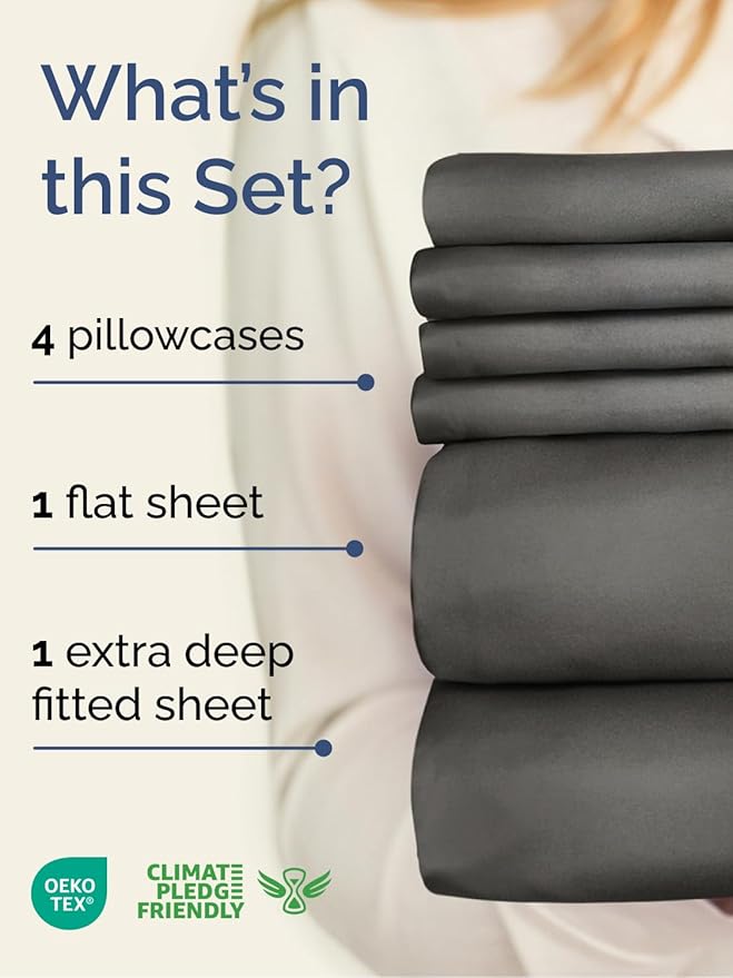Extra Deep Full Sheet Set - 6 Piece Breathable & Cooling Sheets - Hotel Luxury Bed Sheets Set - Easy & Secure Fit - Soft, Wrinkle Free & Comfy Sheets Set - Charcoal Sheet Set with Extra Deep Pockets