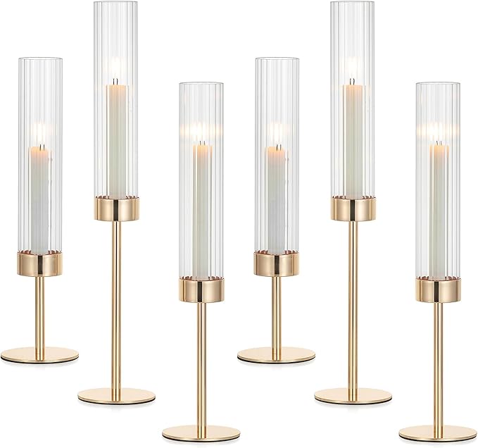 Hewory Gold Taper Candle Holders: Candlestick Holders Set of 6 Hurricane Glass Tall Candle Holder for Candlesticks Candle Sticks Holder Decor for Table Centerpiece Wedding Party Christmas Decorations