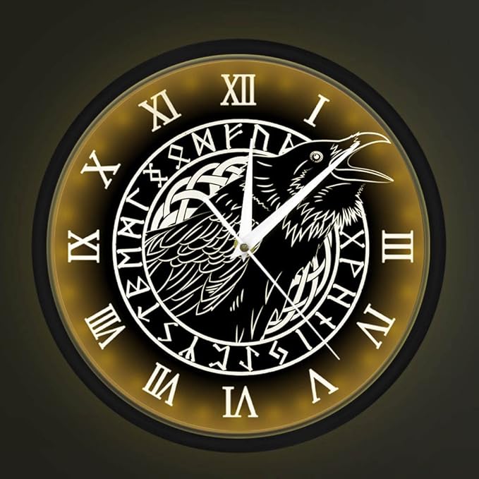 Geek Alerts Voice Control LED Lighting Clock, Cawing Black Crow with Roman Numerals Wall Clock Viking Odin Raven with Scandinavian Runes Silent Sweep Watch