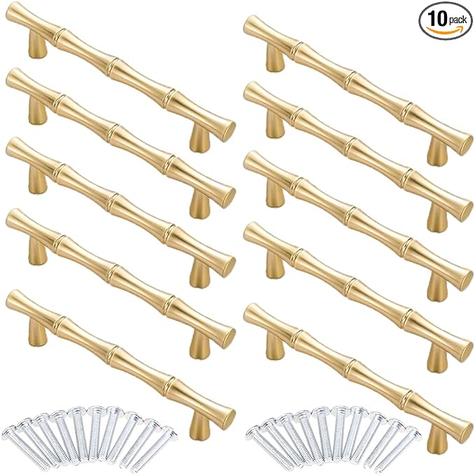 10pcs Cabinet Handles Hole Centers 3-3/4", Bamboo Shape Kitchen Cupboard Dresser Closet Drawer Door Pulls Gold