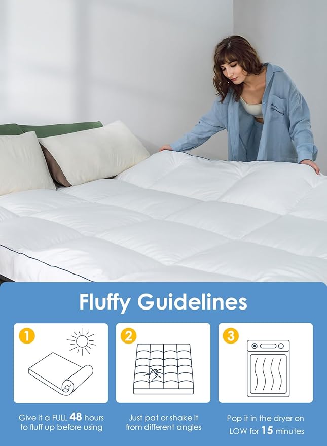 QUEEN ROSE Mattress Topper Full Size, Pillow Top Extra Thick Mattress Pad, Soft Baffle Box Overfilled Down Alternative for Back Pain, 4 Corner Straps, White