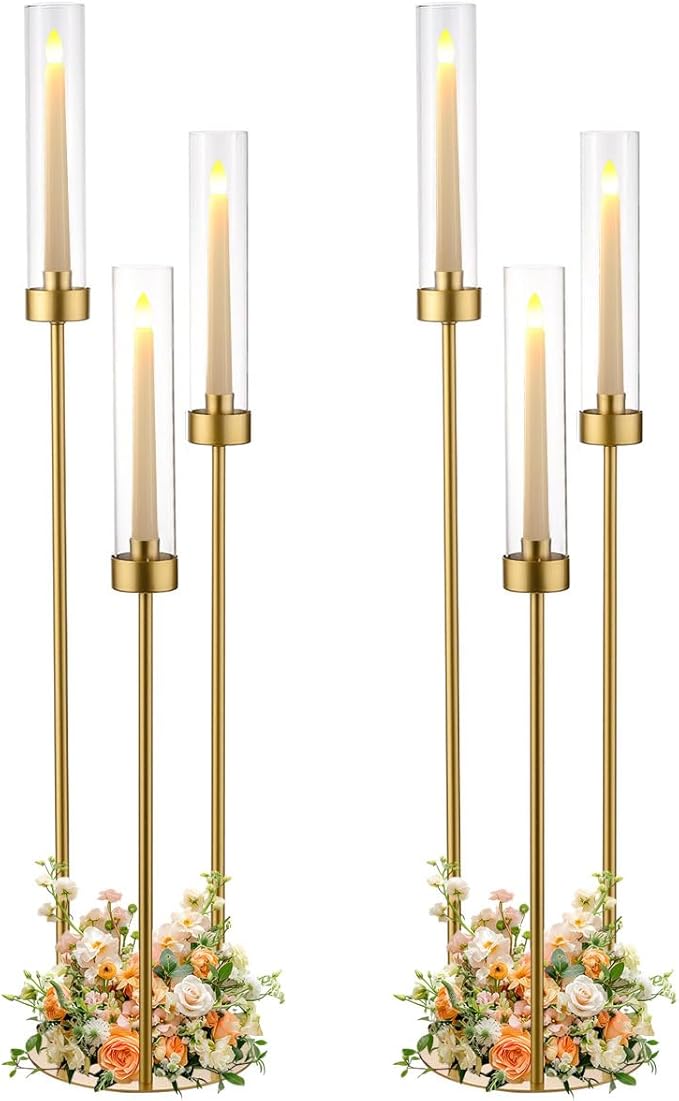 Vincidern 2pcs Gold Taper Candle Holder 3-arm Candelabra Decorative Candlestick Holder for Table Centerpieces, Wedding, Dining Room, Events, Party (34in Tall)