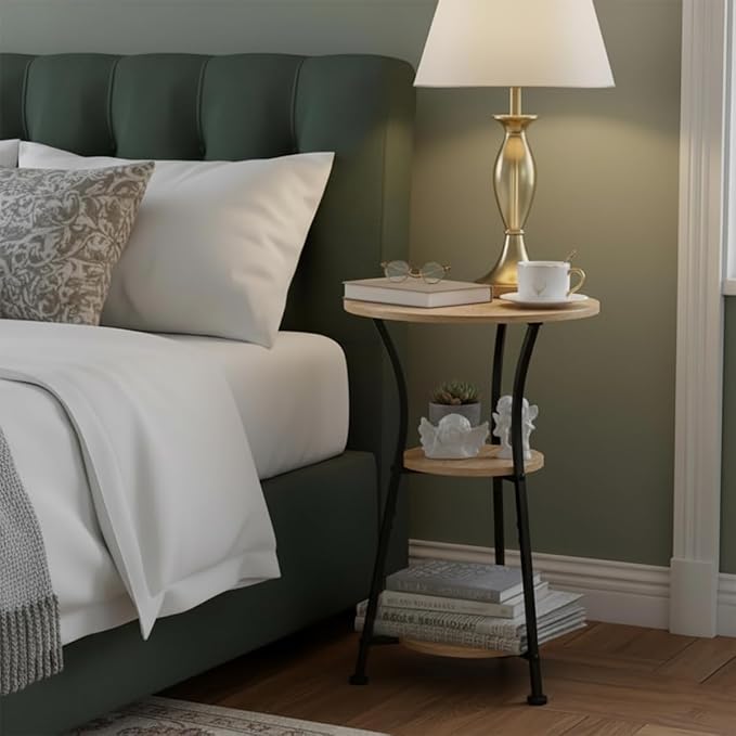 Dulcii Round Side Table for Narrow and Small Spaces,3 Tier Small Round End Table Sofa Side Table for Living Room,Small Bedside Table Round Nightstand for Bedroom