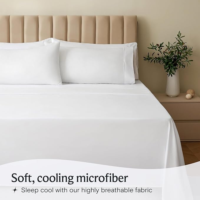 LuxClub 4 PC King Sheet Set, Deep Pockets Wrinkle Free Cooling Bed Sheets Hotel Bedding for Women, Men, Kids & Teens, Includes 1 Fitted Sheet, 1 Flat Sheet and 2 Pillowcases - Silky Soft White