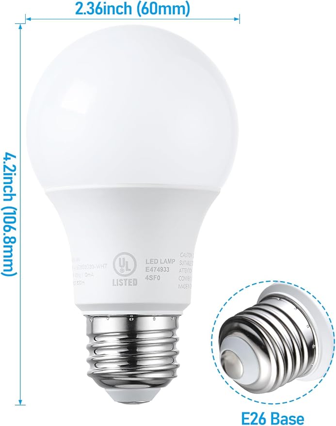 TORCHSTAR A19 LED Light Bulbs 60W Equivalent, UL Listed, 3000K Warm White, Dimmable, 9W, 800lm, Flicker Free, E26 Standard Base LED Bulb for Ceiling Fan, Lamp, 15,000hrs, Pack of 6