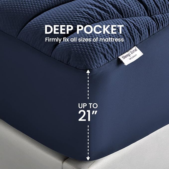 SLEEP ZONE Cooling Queen Mattress Topper, Premium Zoned Cool Mattress Pad Cover, Padded Mattress Protector Breathable Washable, Deep Pocket 8-21" (Navy, Queen)