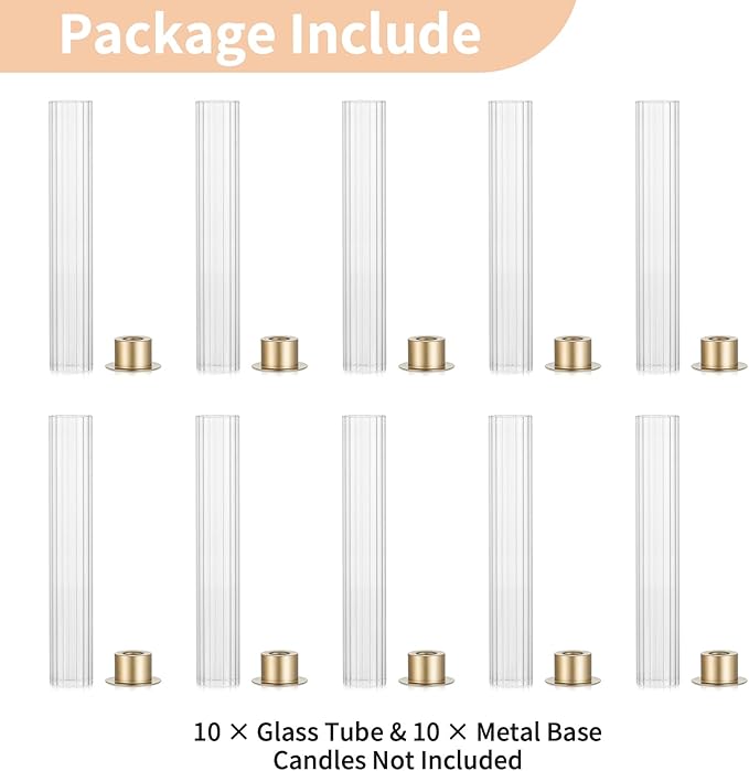 NUPTIO Hurricane Candle Holder for Centerpiece: Set of 10 Metal Taper Candle Holders with Fluted Glass Cylinders - Gold Candlestick Holders Bulk for Outdoor Party Dinner Wedding Table Decoration