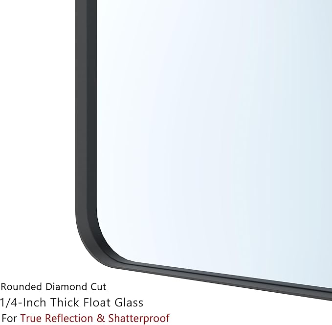 VocalStar 55 x 36 Inch Black Bathroom Mirror for Wall, Large Rounded Rectangle Metal Framed Bathroom Wall Vanity Mirror Farmhouse, 1/4-inch Shatterproof Glass | Ultra-Flush Hanging
